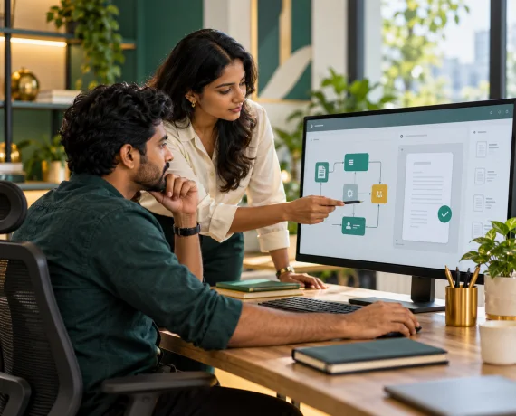 Professionals reviewing a software workflow with a document approval step