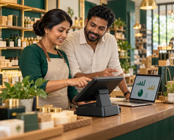 Business owners comparing a POS terminal with operations reports on a laptop