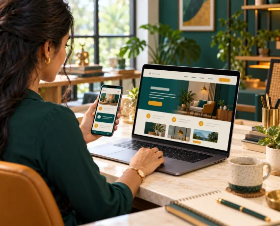Business owner comparing a website on a laptop with an application on a phone