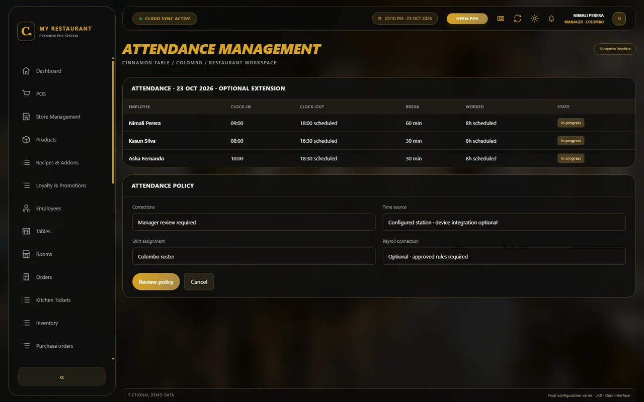 Illustrative dark-mode Attendance management screen for Cinnamon Table restaurant