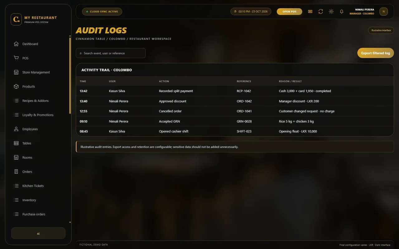 Illustrative dark-mode Audit logs screen for Cinnamon Table restaurant