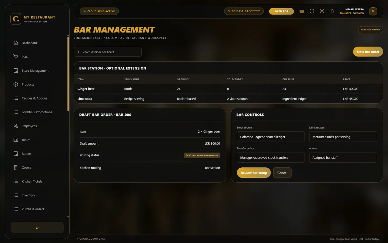 Illustrative dark-mode Bar management screen for Cinnamon Table restaurant