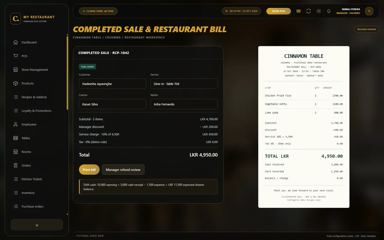 Illustrative dark-mode Completed sale & restaurant bill screen for Cinnamon Table restaurant