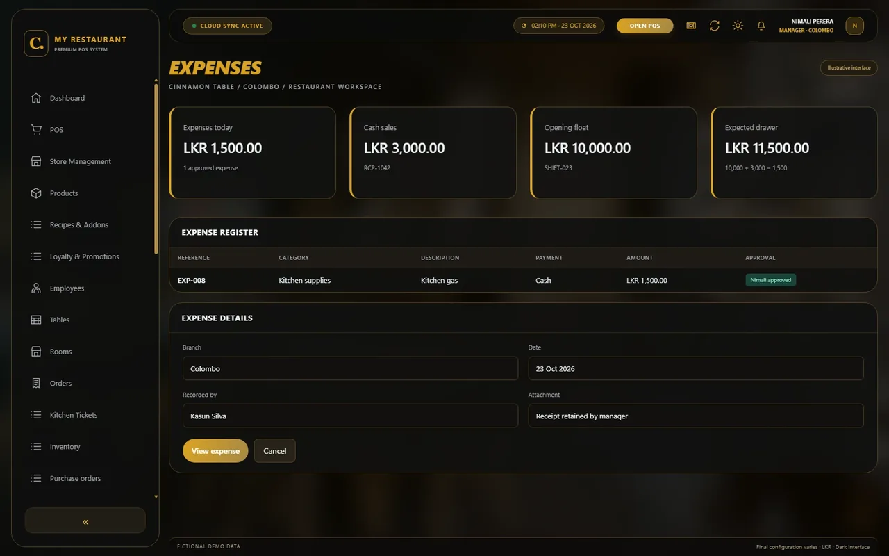 Illustrative dark-mode Expenses screen for Cinnamon Table restaurant