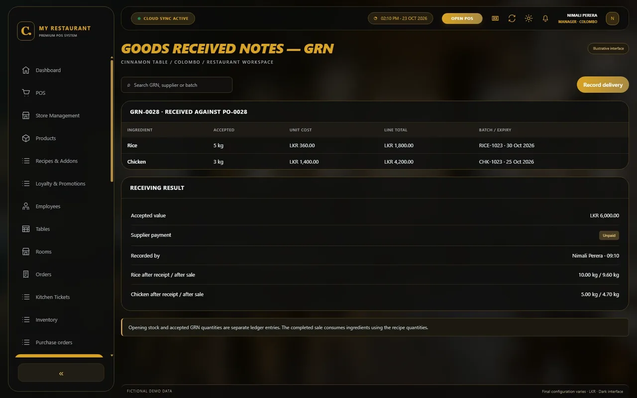 Illustrative dark-mode Goods Received Notes — GRN screen for Cinnamon Table restaurant
