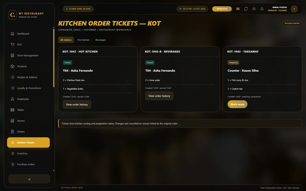 Illustrative dark-mode Kitchen Order Tickets — KOT screen for Cinnamon Table restaurant