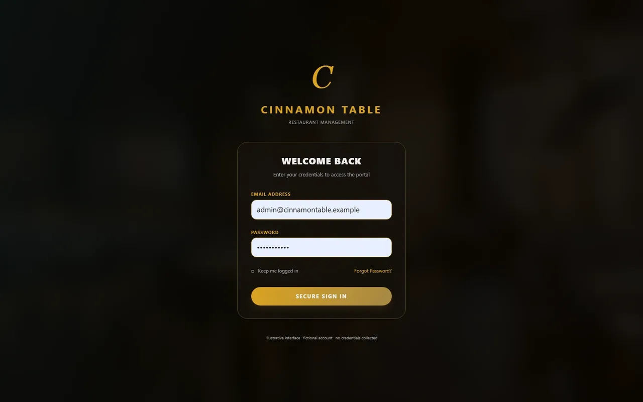 Illustrative restaurant sign-in screen with a gold button, matching panel and blurred restaurant background