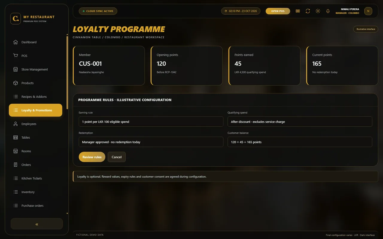 Illustrative dark-mode Loyalty programme screen for Cinnamon Table restaurant
