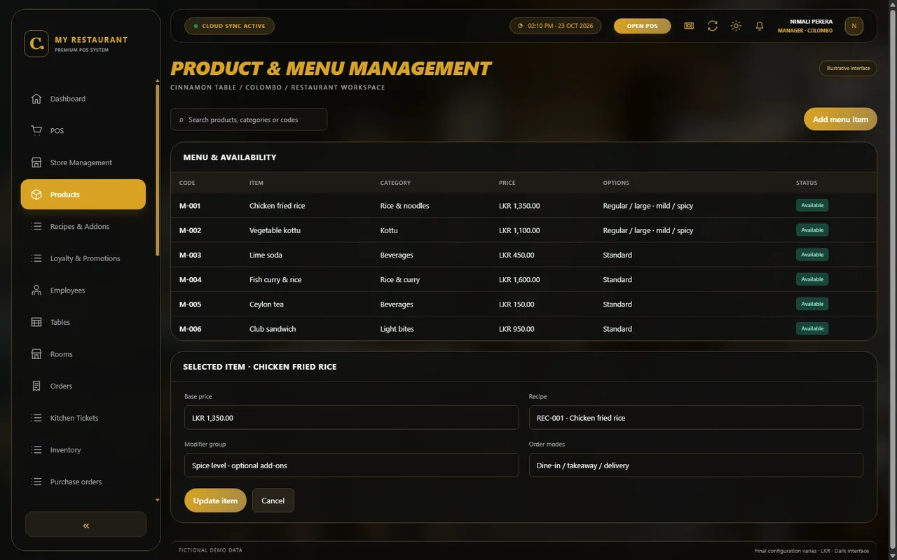 Illustrative dark-mode Product & menu management screen for Cinnamon Table restaurant