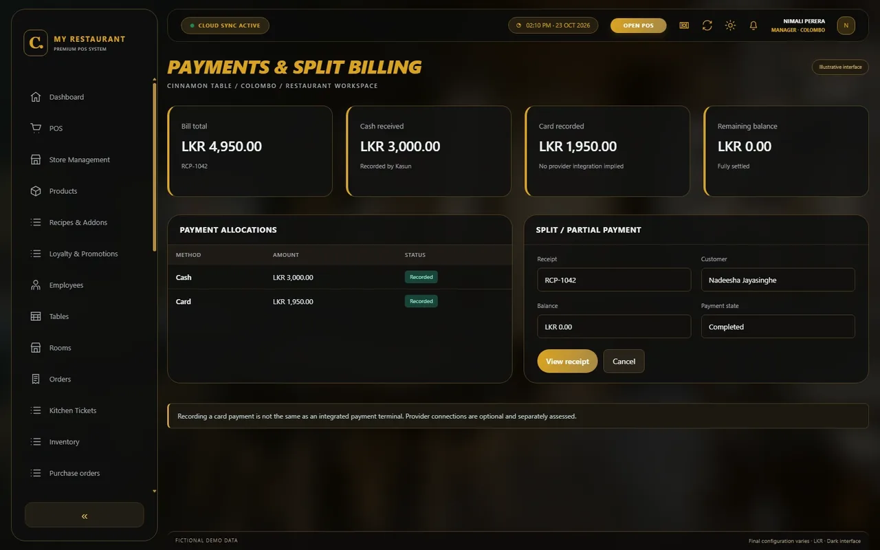 Illustrative dark-mode Payments & split billing screen for Cinnamon Table restaurant