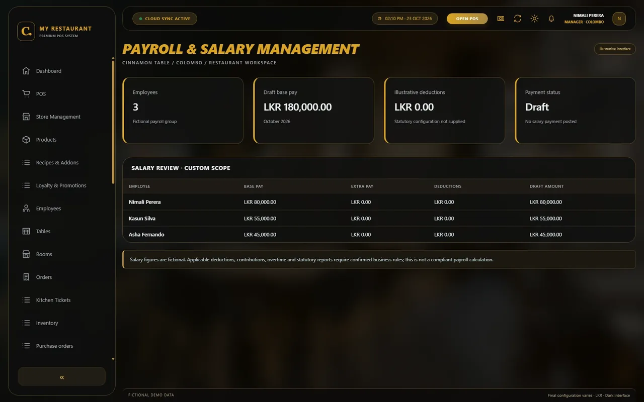 Illustrative dark-mode Payroll & salary management screen for Cinnamon Table restaurant