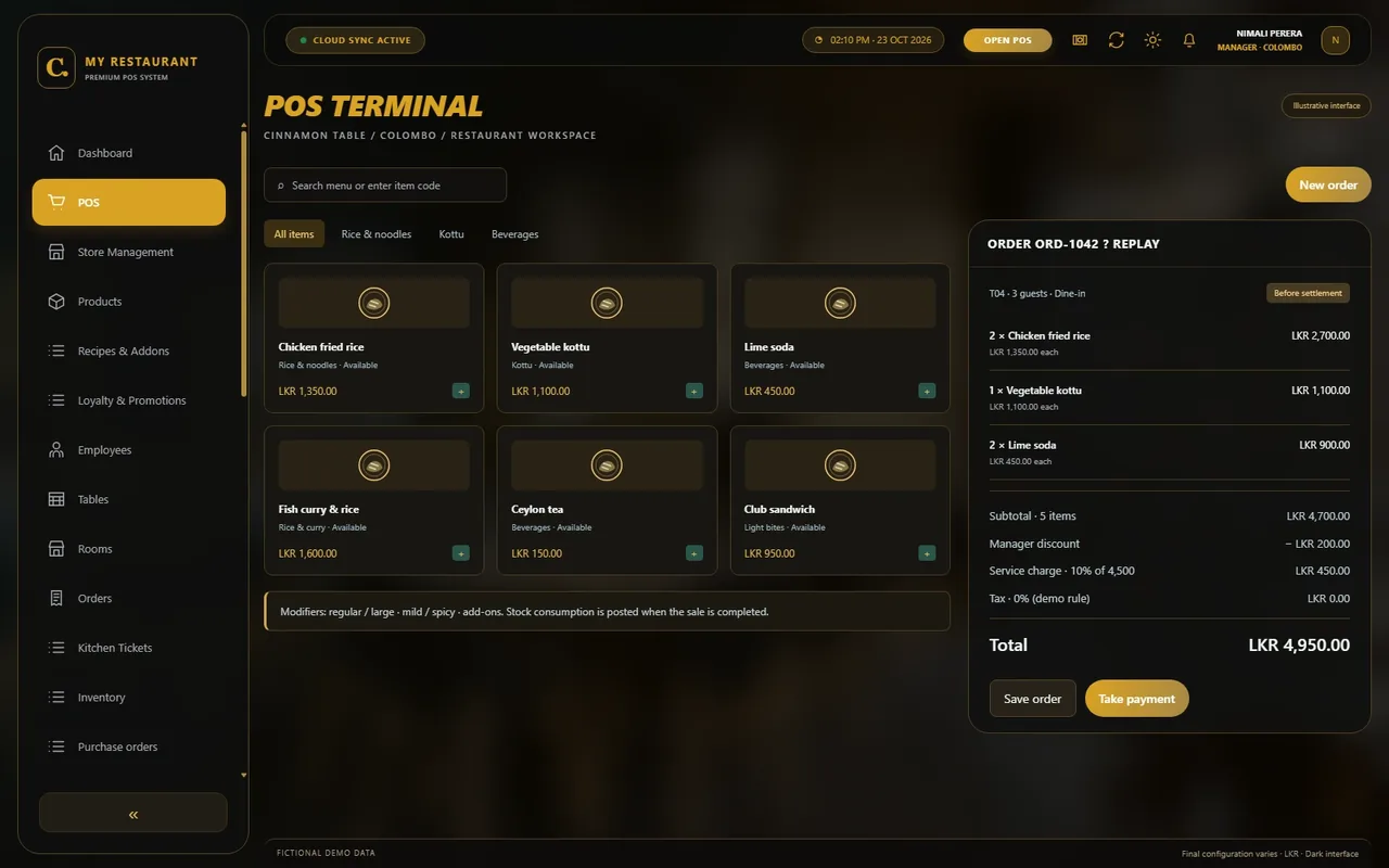 Illustrative dark-mode Restaurant POS terminal with a menu, table order and LKR bill summary
