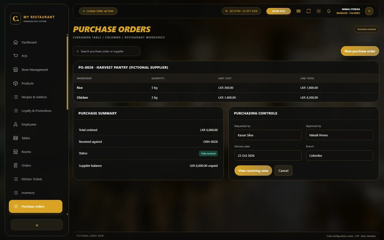 Illustrative dark-mode Purchase orders screen for Cinnamon Table restaurant