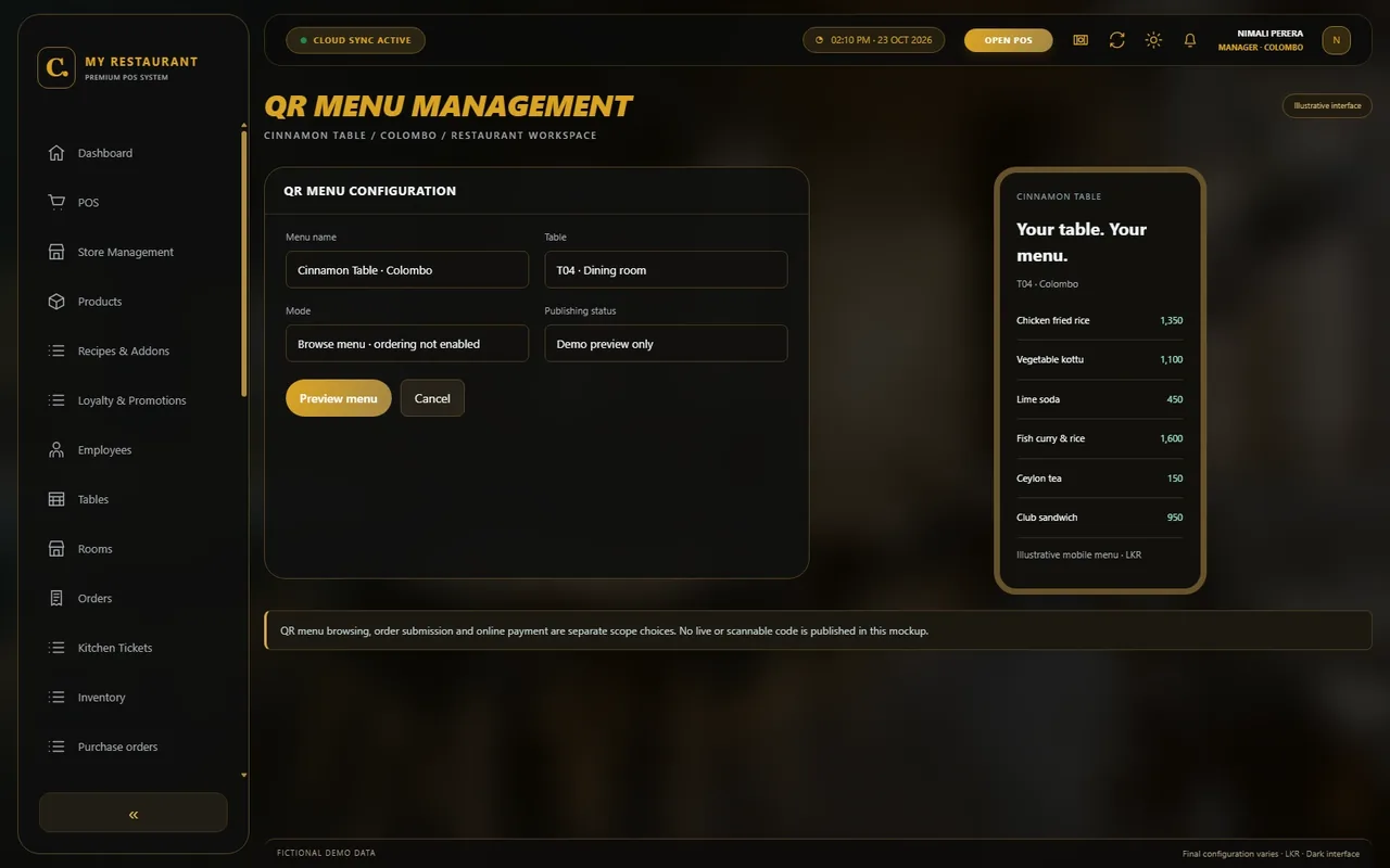 Illustrative dark-mode QR menu management screen for Cinnamon Table restaurant