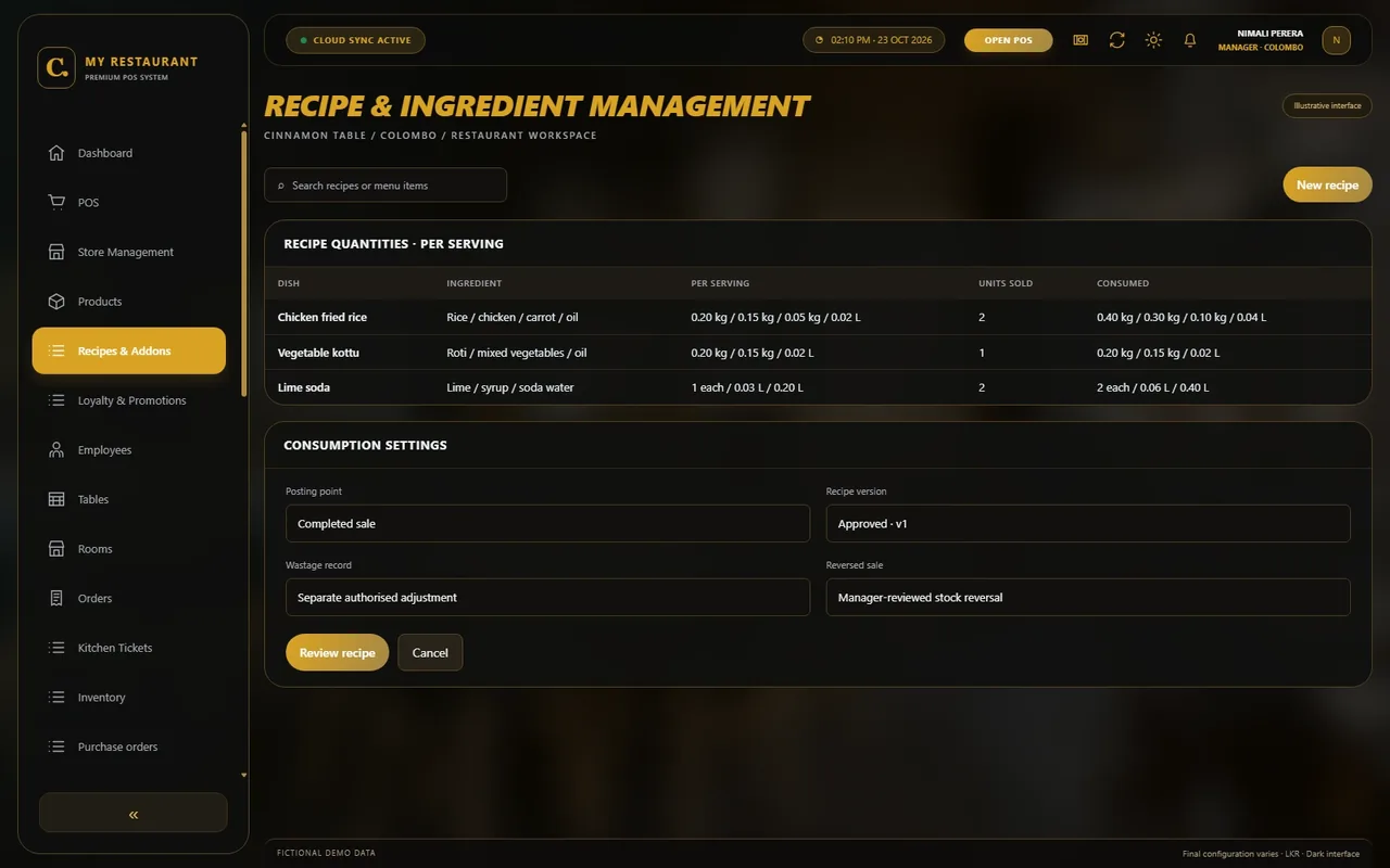 Illustrative dark-mode Recipe & ingredient management screen for Cinnamon Table restaurant