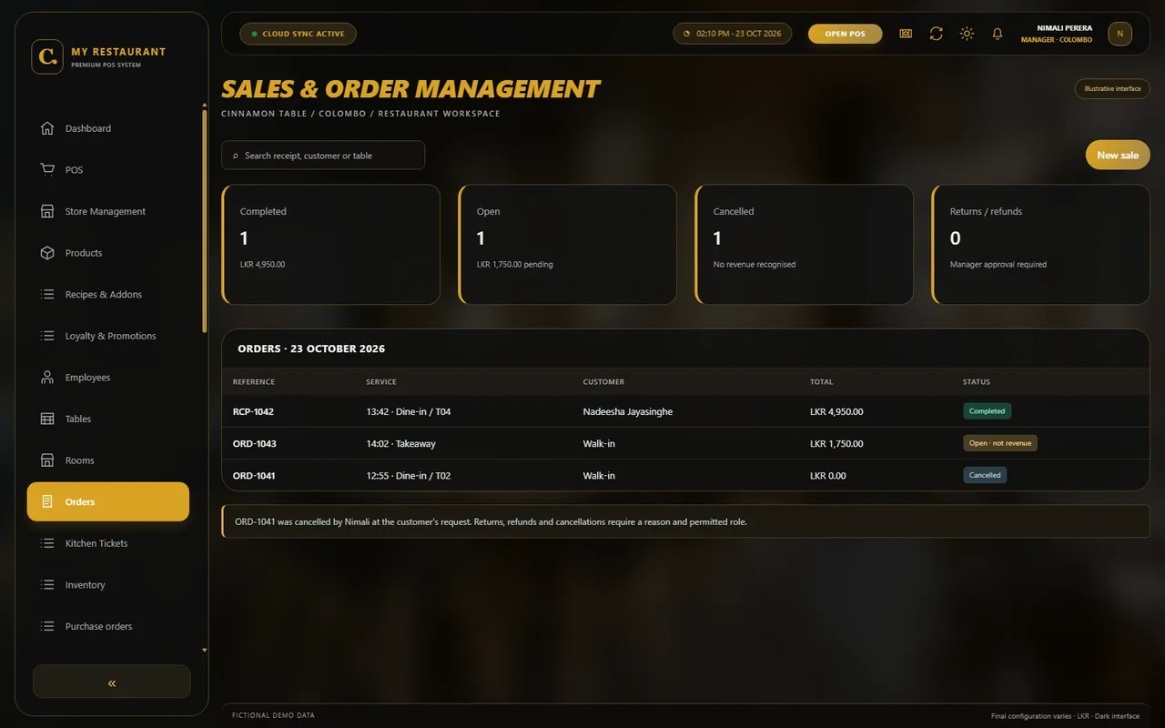Illustrative dark-mode Sales & order management screen for Cinnamon Table restaurant