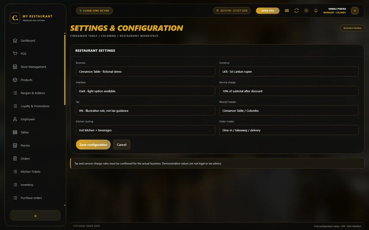 Illustrative dark-mode Settings & configuration screen for Cinnamon Table restaurant