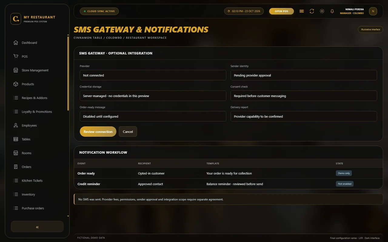 Illustrative dark-mode SMS gateway & notifications screen for Cinnamon Table restaurant