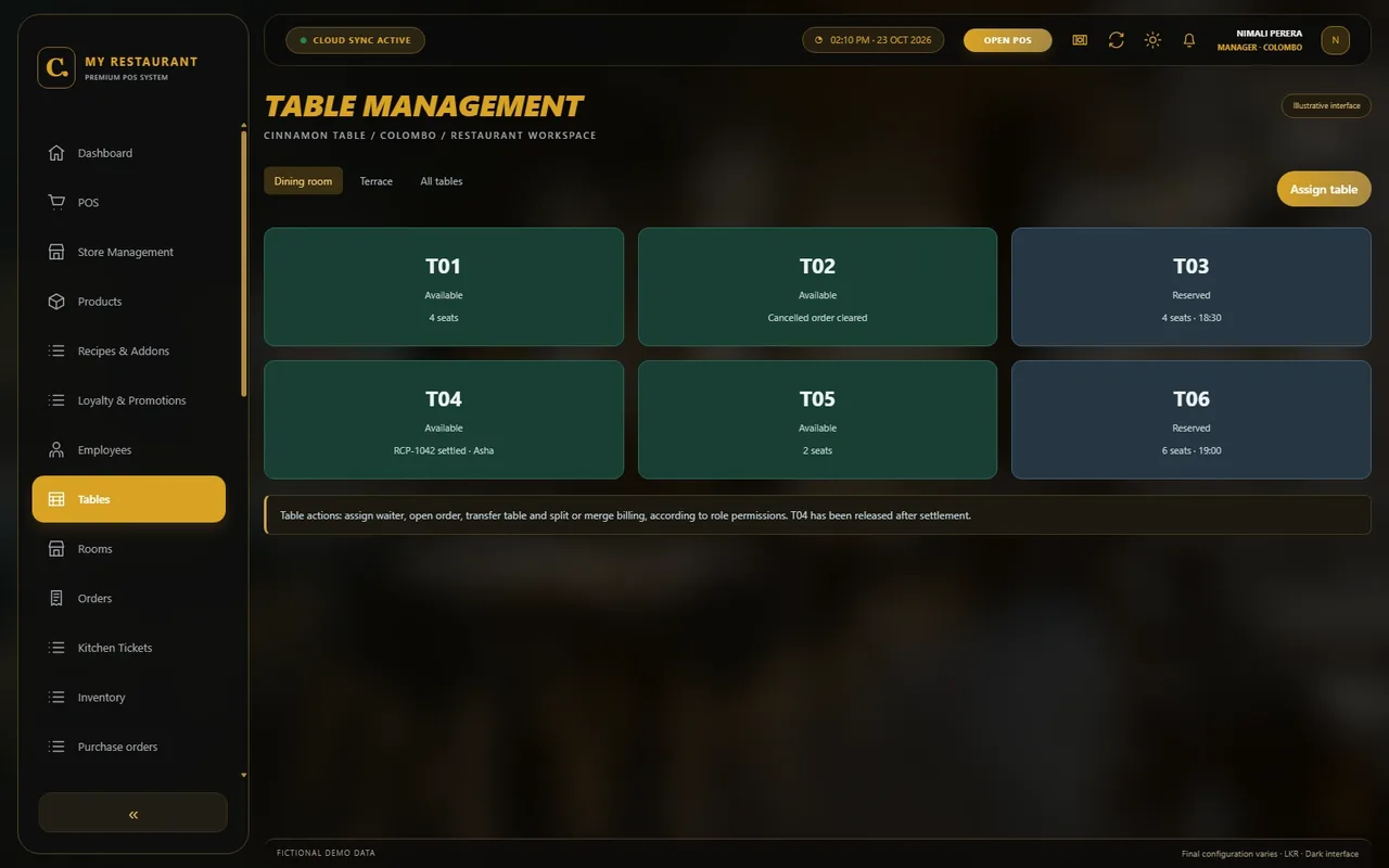 Illustrative dark-mode Table management screen for Cinnamon Table restaurant