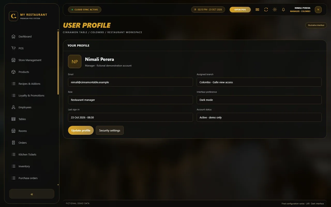 Illustrative dark-mode User profile screen for Cinnamon Table restaurant