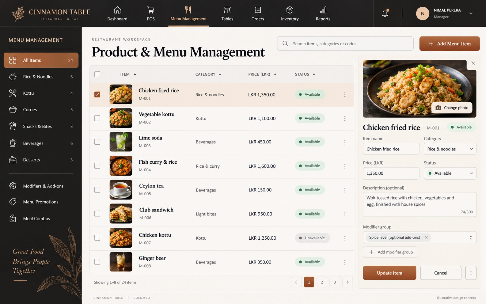 Copper Menu — an illustrative restaurant menu management interface in copper, charcoal & bone