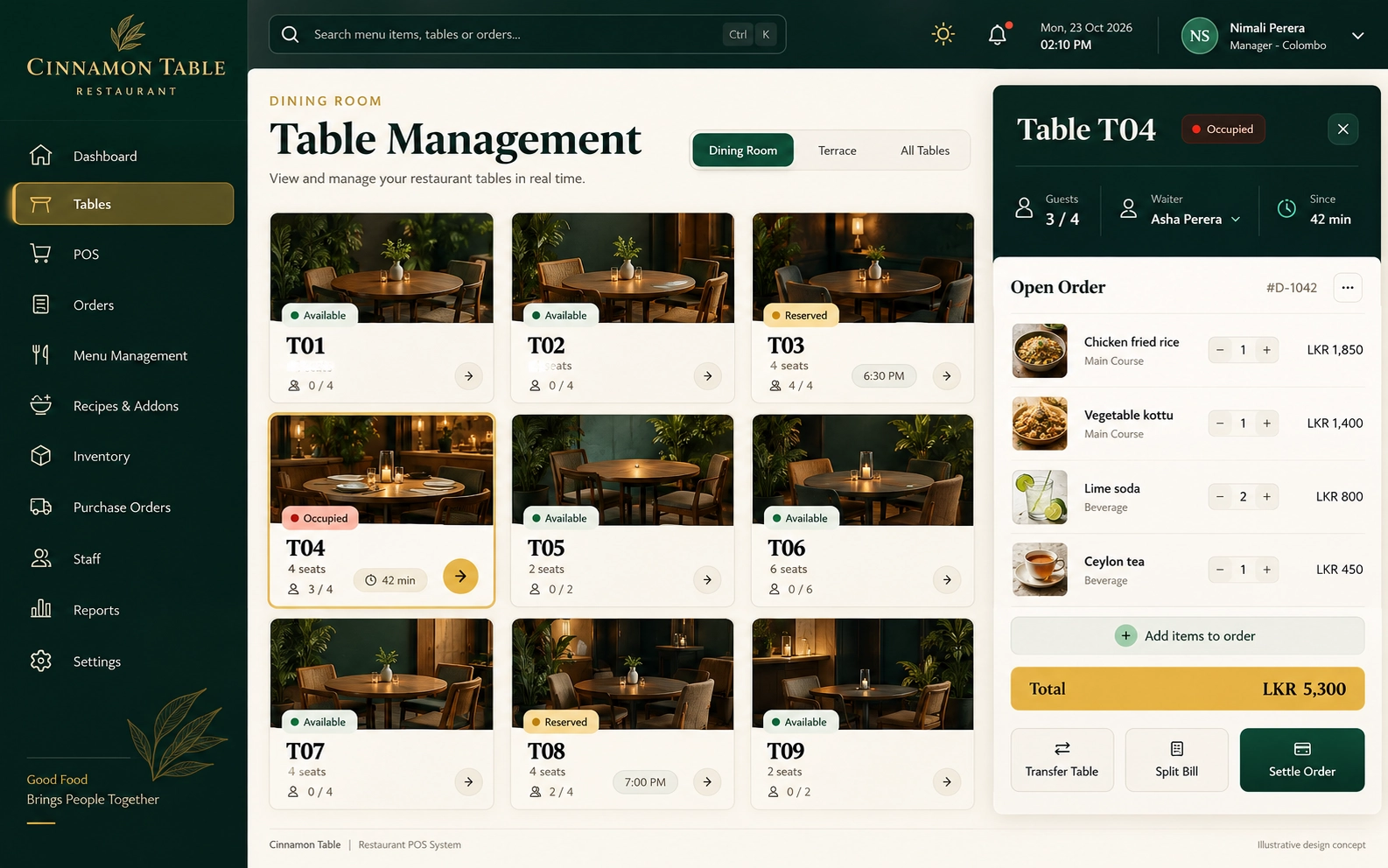 Jade Tables — an illustrative restaurant table management interface in jade, deep green & gold