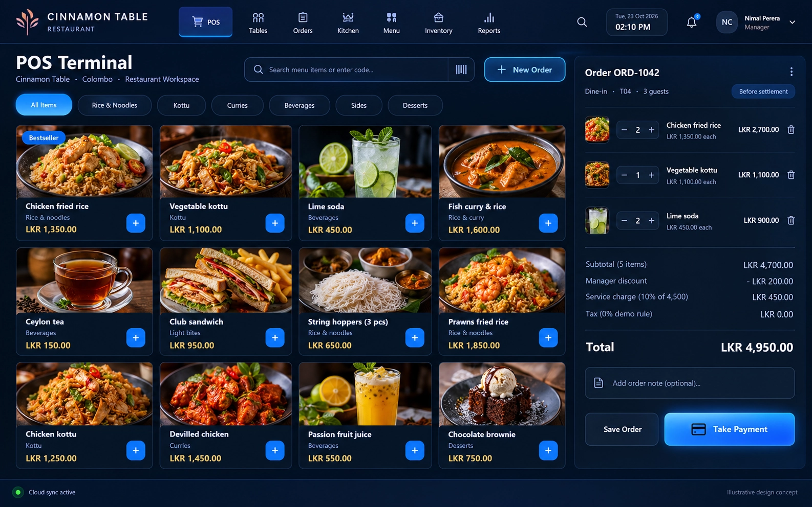 Midnight Service — an illustrative restaurant pos terminal interface in midnight navy & electric blue