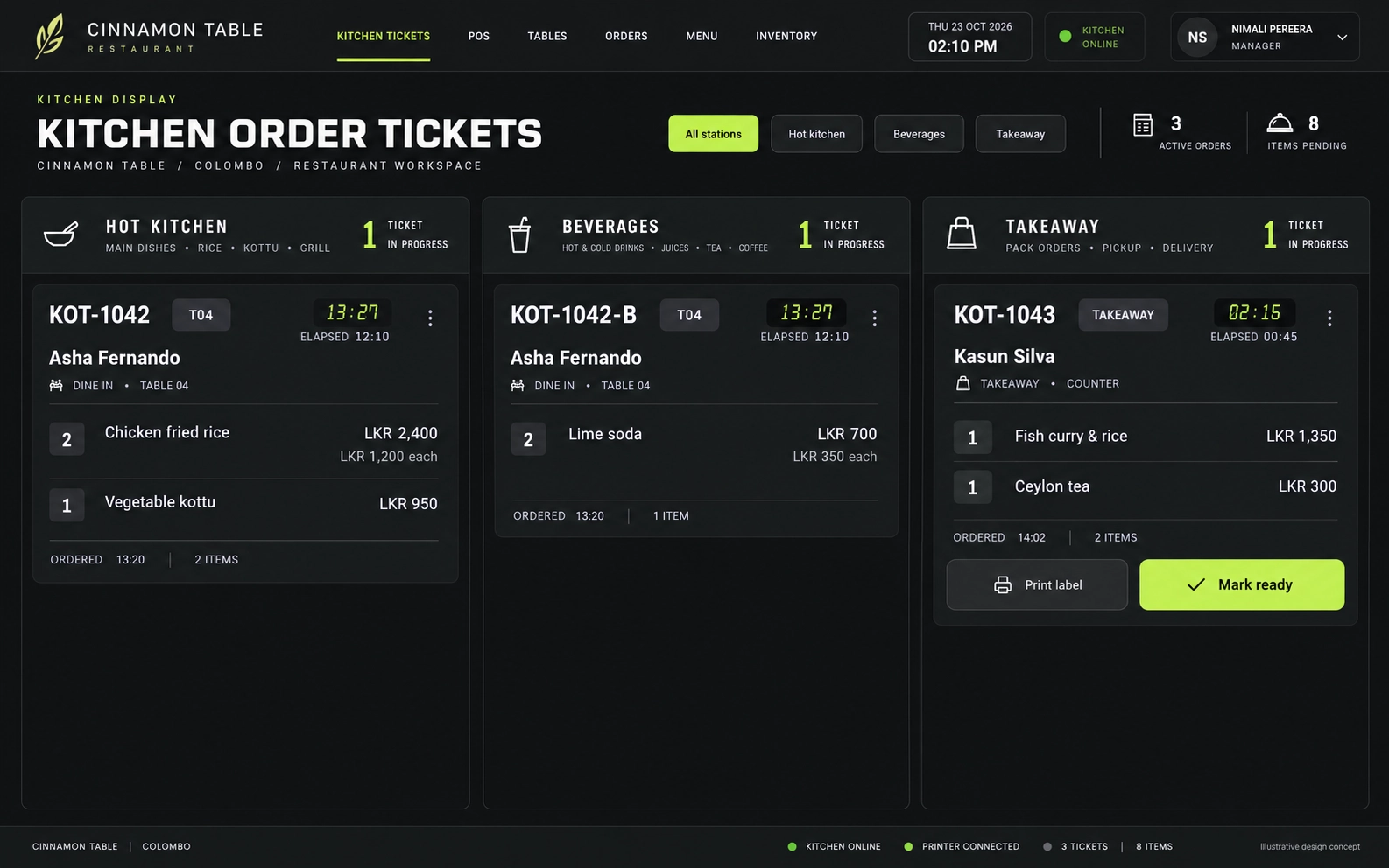 Mono Kitchen — an illustrative restaurant kitchen order tickets interface in graphite, ivory & lime
