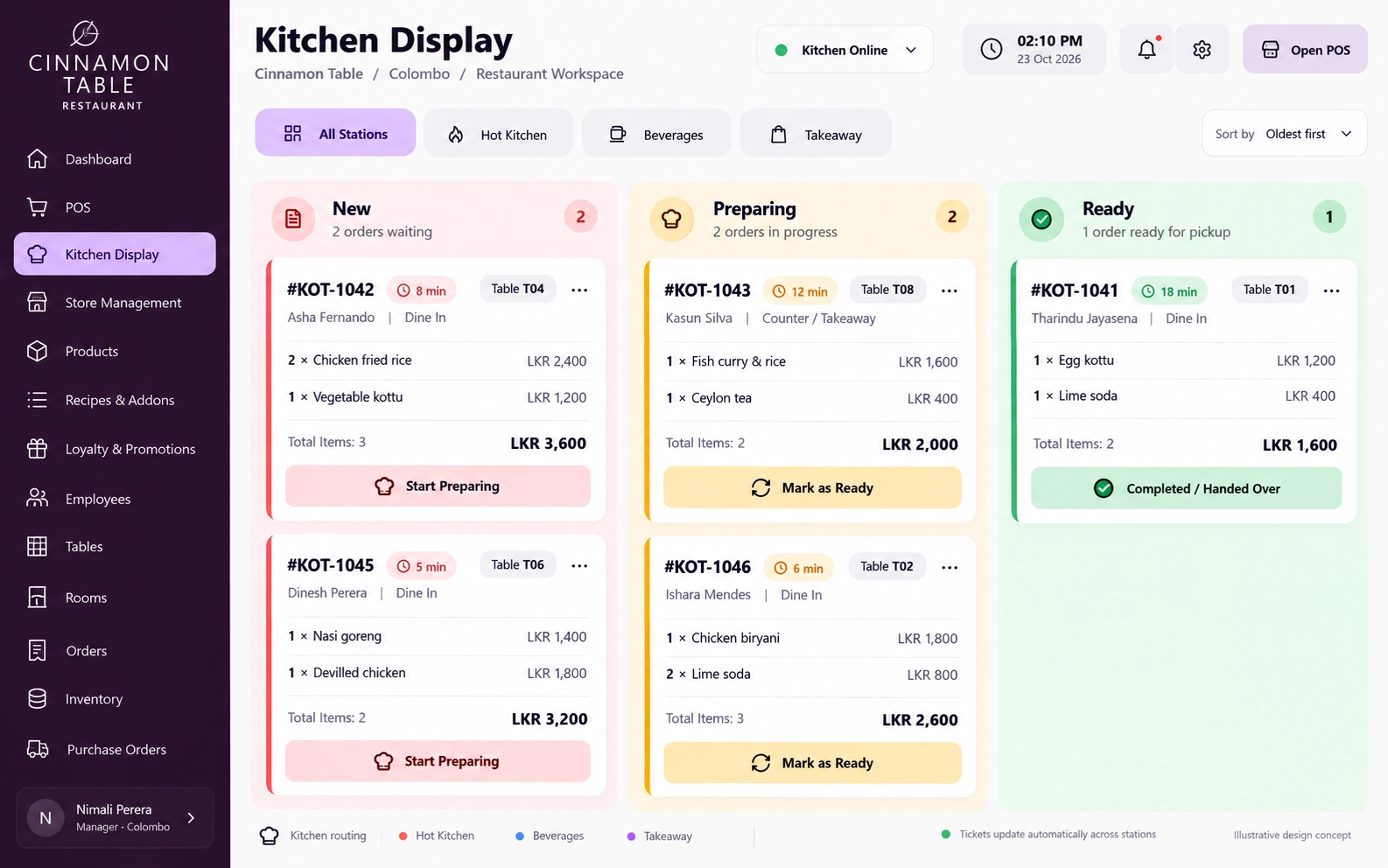 Plum Kitchen — an illustrative restaurant kitchen order tickets interface in plum, lilac & warm white
