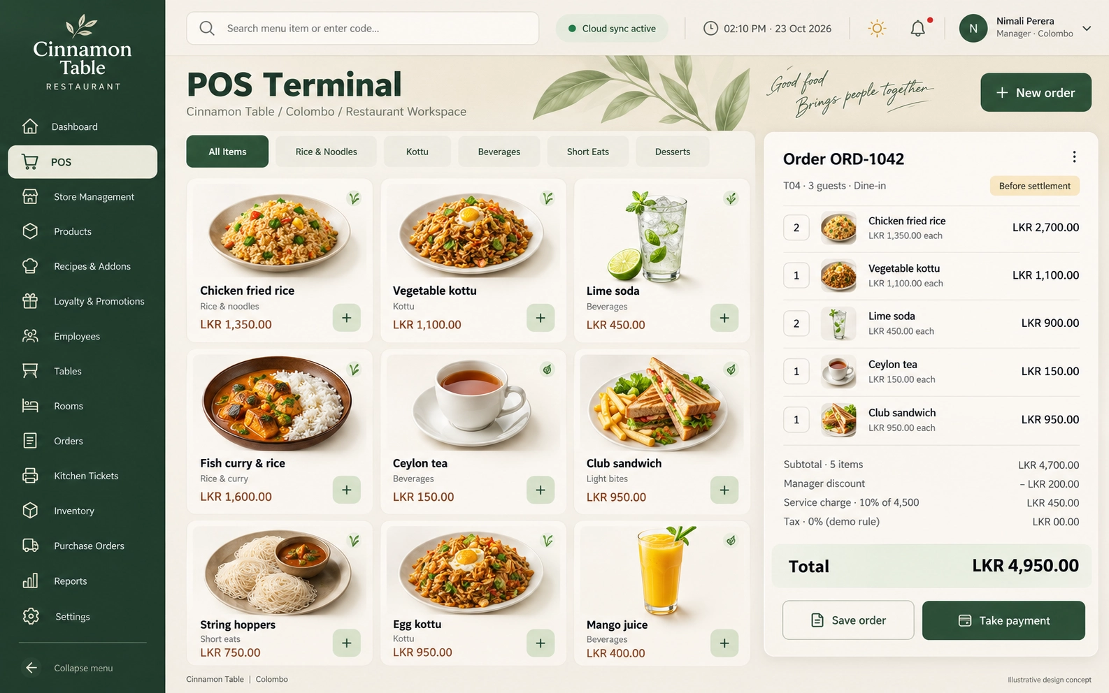 Sage Counter — an illustrative restaurant pos terminal interface in sage, cream & forest